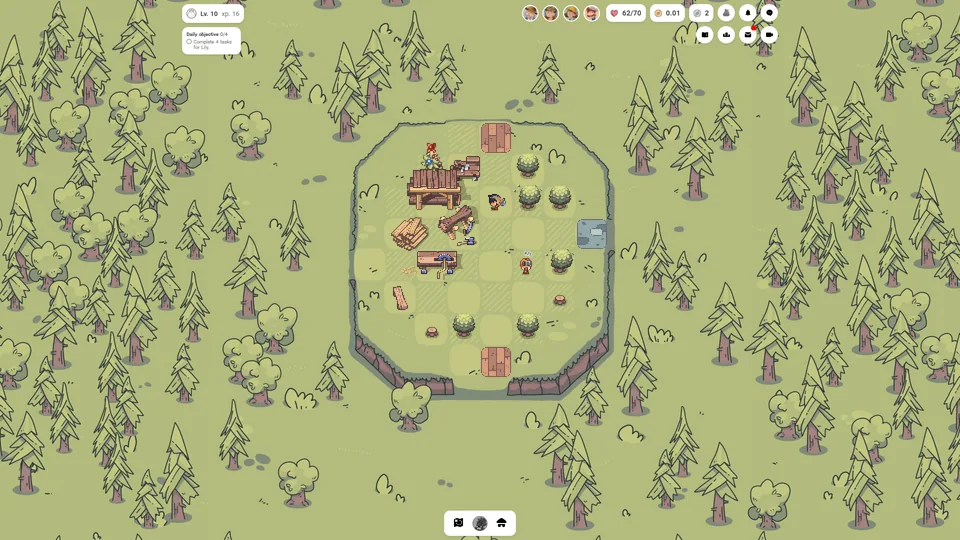 Official NomStead screenshot showing a farm and homes