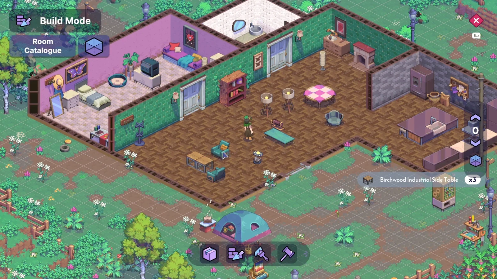 Moonfrost Build Mode with a room catalogue, a cutaway house and furniture choices