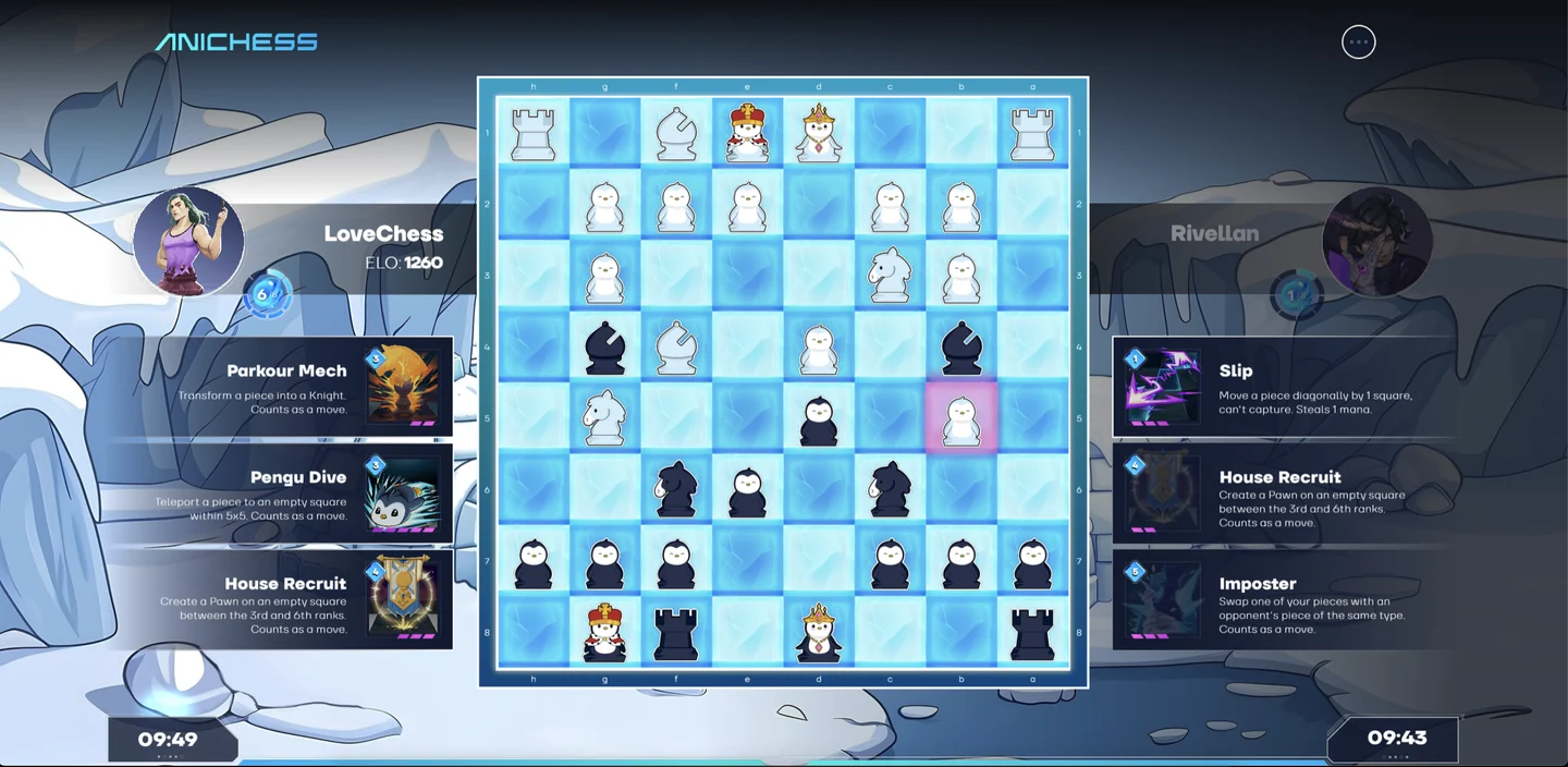 Anichess — Spells, mana and clocks flank the chessboard, showing a match that combines piece positioning with spell choices.